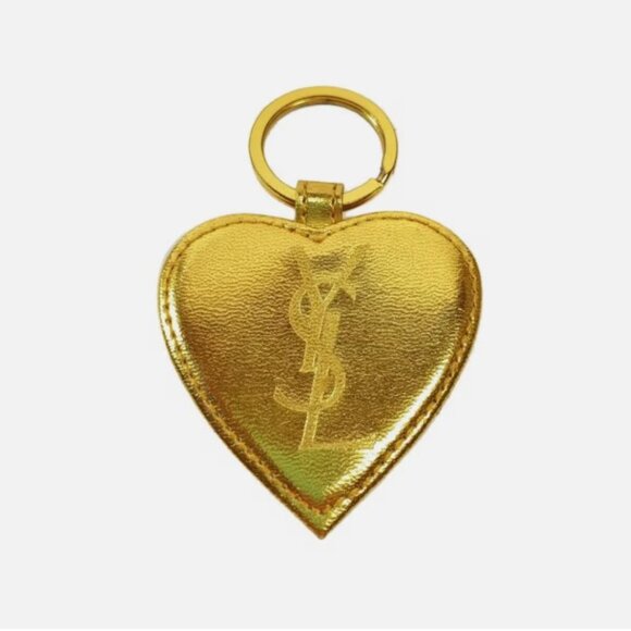 Yves Saint Laurent YSL Gold Tone Leather Heart Shaped Mirror Keychain/Bag Charm - Picture 1 of 2